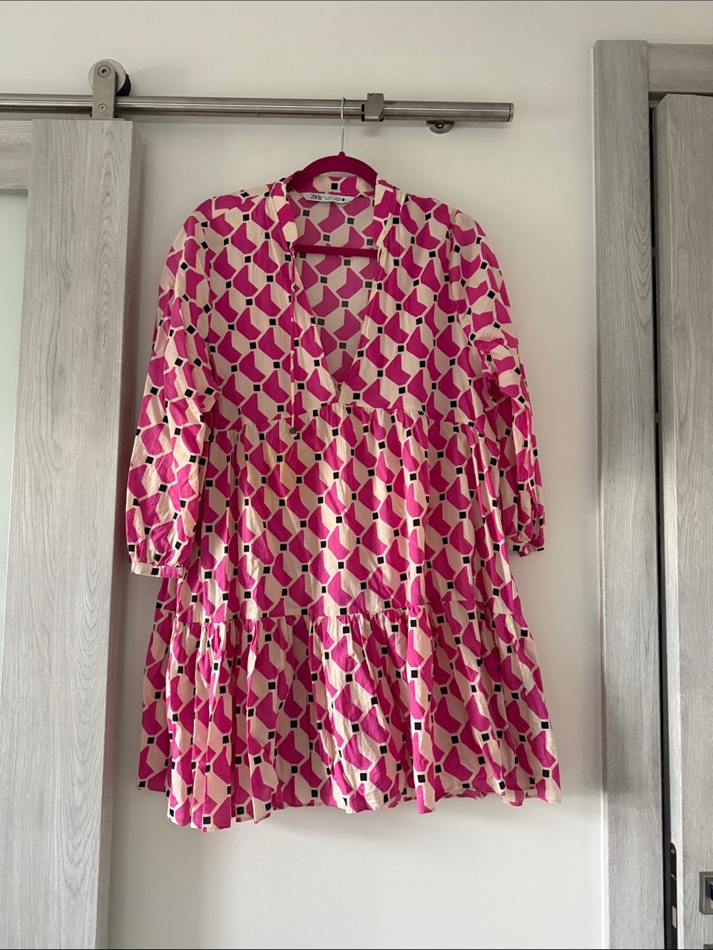 Zara Pink and Cream Geometric Tiered Dress